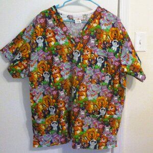 Peaches Scrub Top XL 100% Cotton Jungle Animals Toothbrushes Purple Orange Green